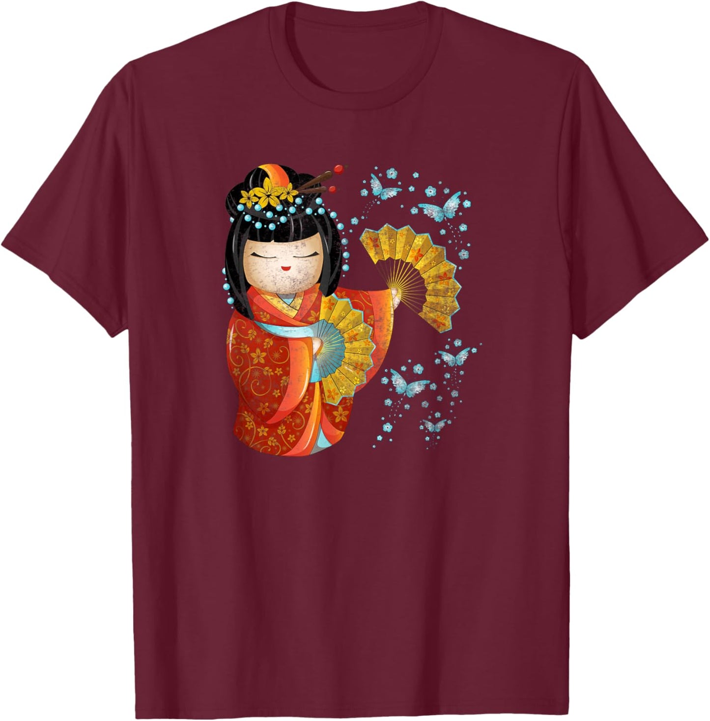 Kawaii Japanese Kokeshi Doll Kimono Geisha Butterflies T-Shirt - T-Shirt | Maroon
