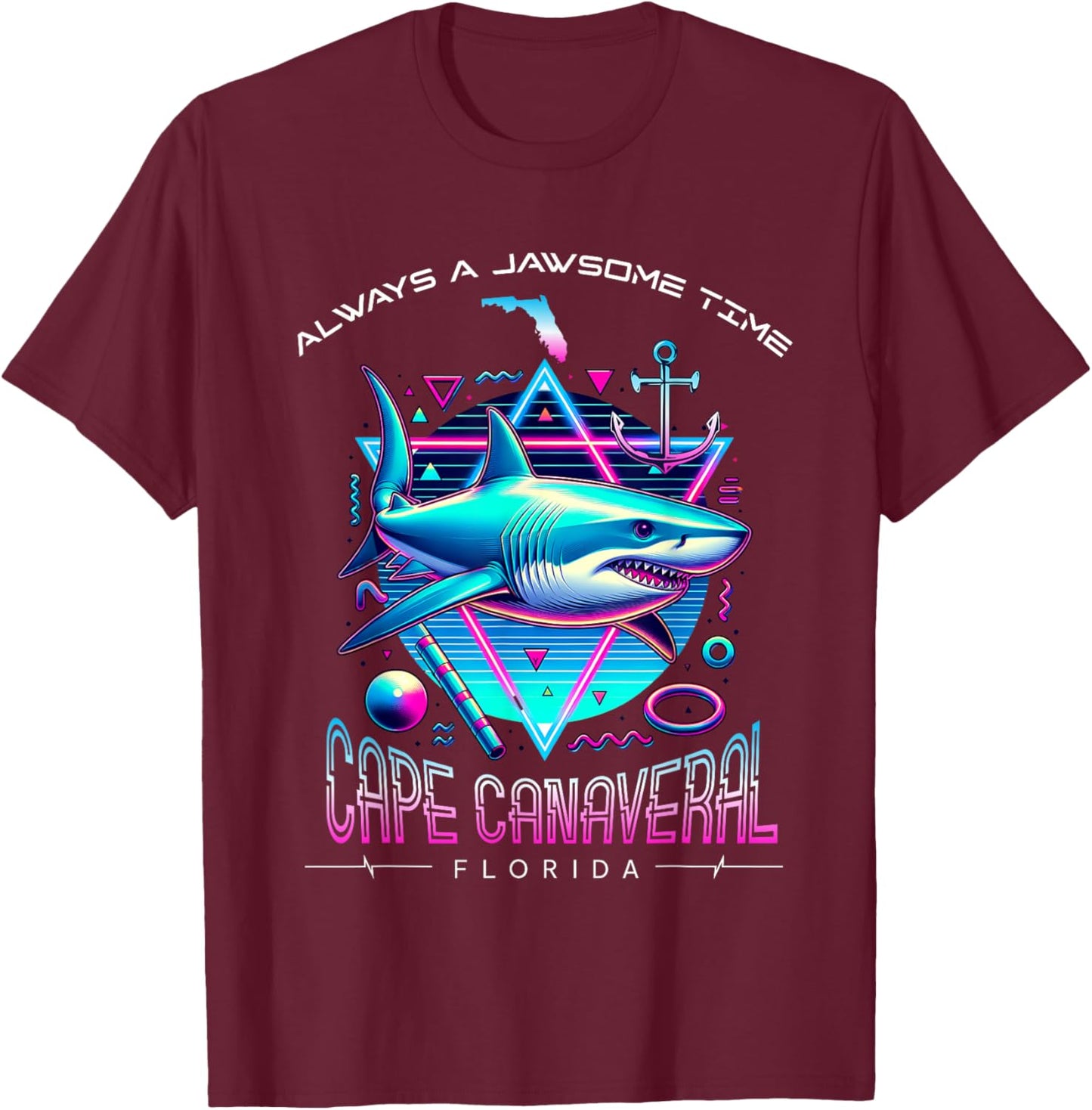 Cape Canaveral FL Shark Retro 80s Funny Souvenir T-Shirt - T-Shirt | Maroon