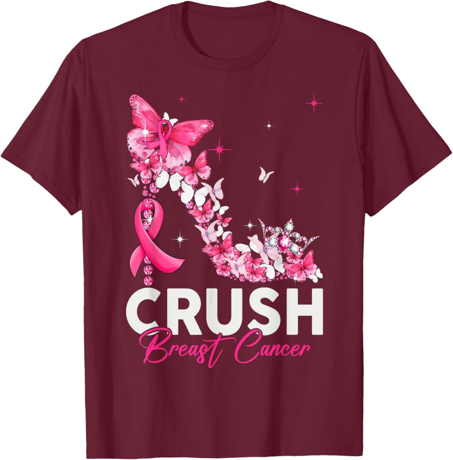 Crush Breast Cancer Awareness Bling Pink Ribbon T-Shirt - T-Shirt | Maroon