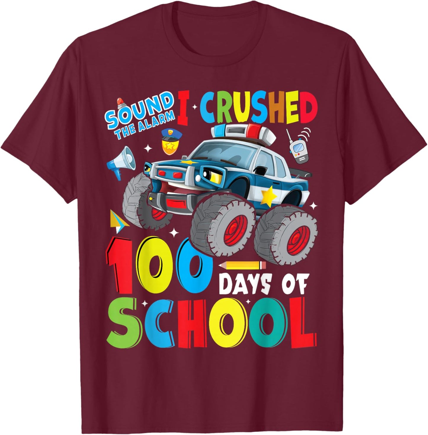 Monster Truck Police Car 100 Days of School Teachers Boys T-Shirt - T-Shirt | Maroon