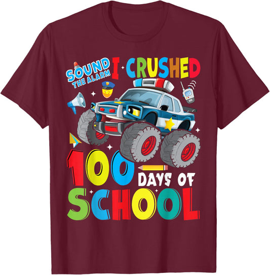 Monster Truck Police Car 100 Days of School Teachers Boys T-Shirt - T-Shirt | Maroon