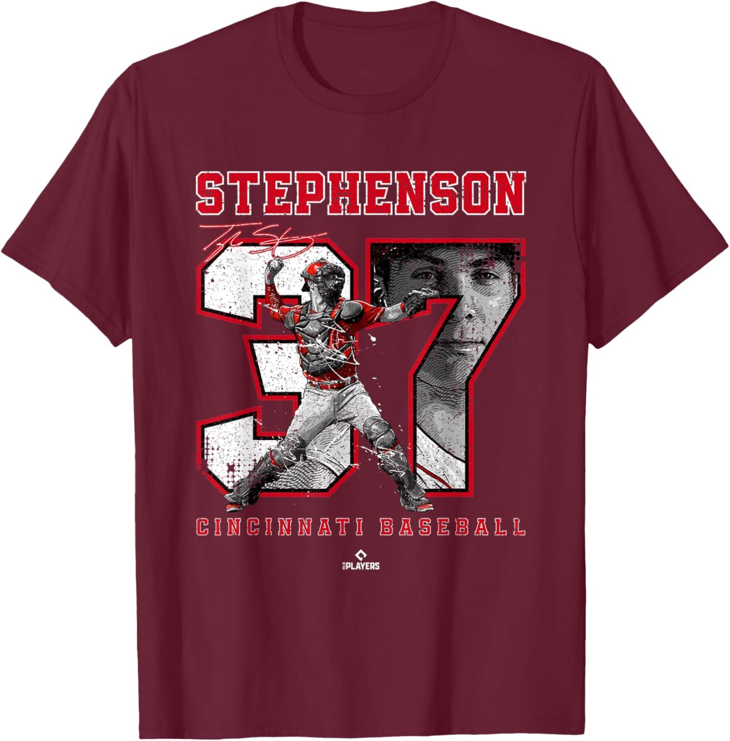Number and Portrait Tyler Stephenson Cincinnati MLBPA T-Shirt - T-Shirt | Maroon