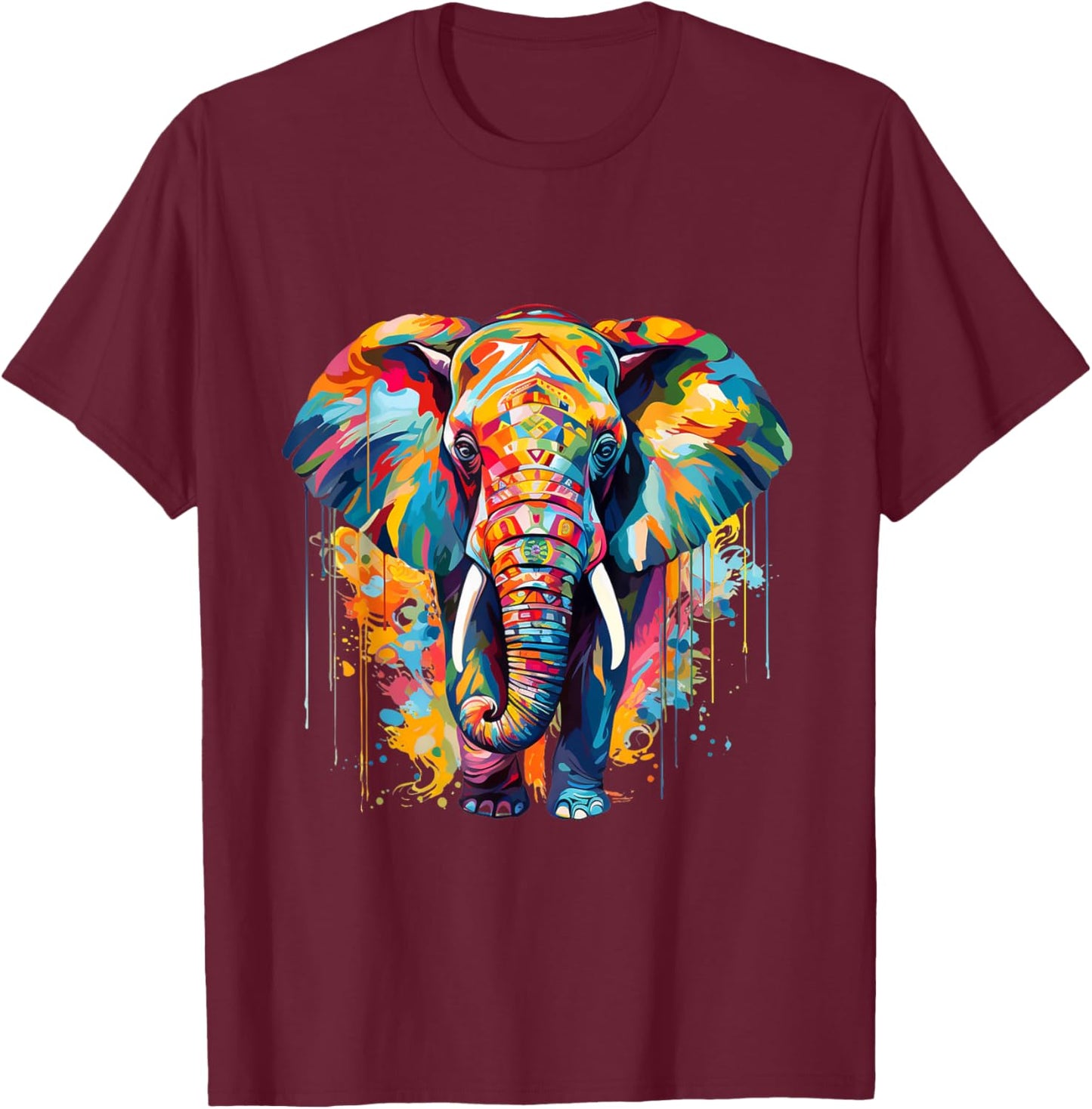 Cool Colorful Elephant Portrait Graphic T-Shirt - T-Shirt | Maroon