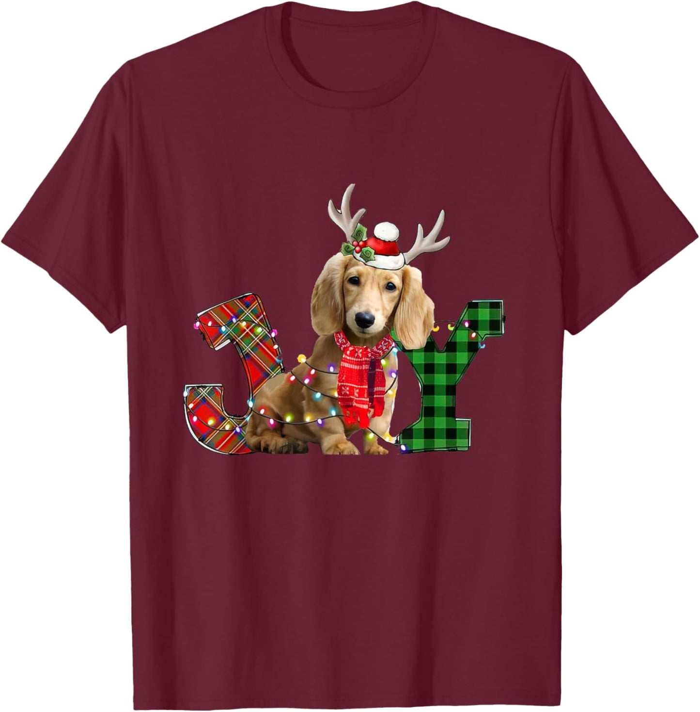 Joy Christmas Lights Long Haired Dachshund Dog Santa Hat T-Shirt - T-Shirt | Maroon