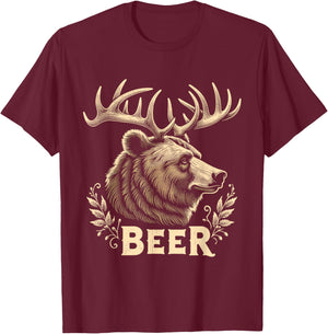 Beer Funny Vintage Design Bear with Deer Antlers for Drinker T-Shirt - T-Shirt | Maroon