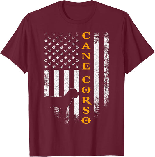 Vintage USA Cane Corso Dog Silhouette American Flag Funny T-Shirt - T-Shirt | Maroon