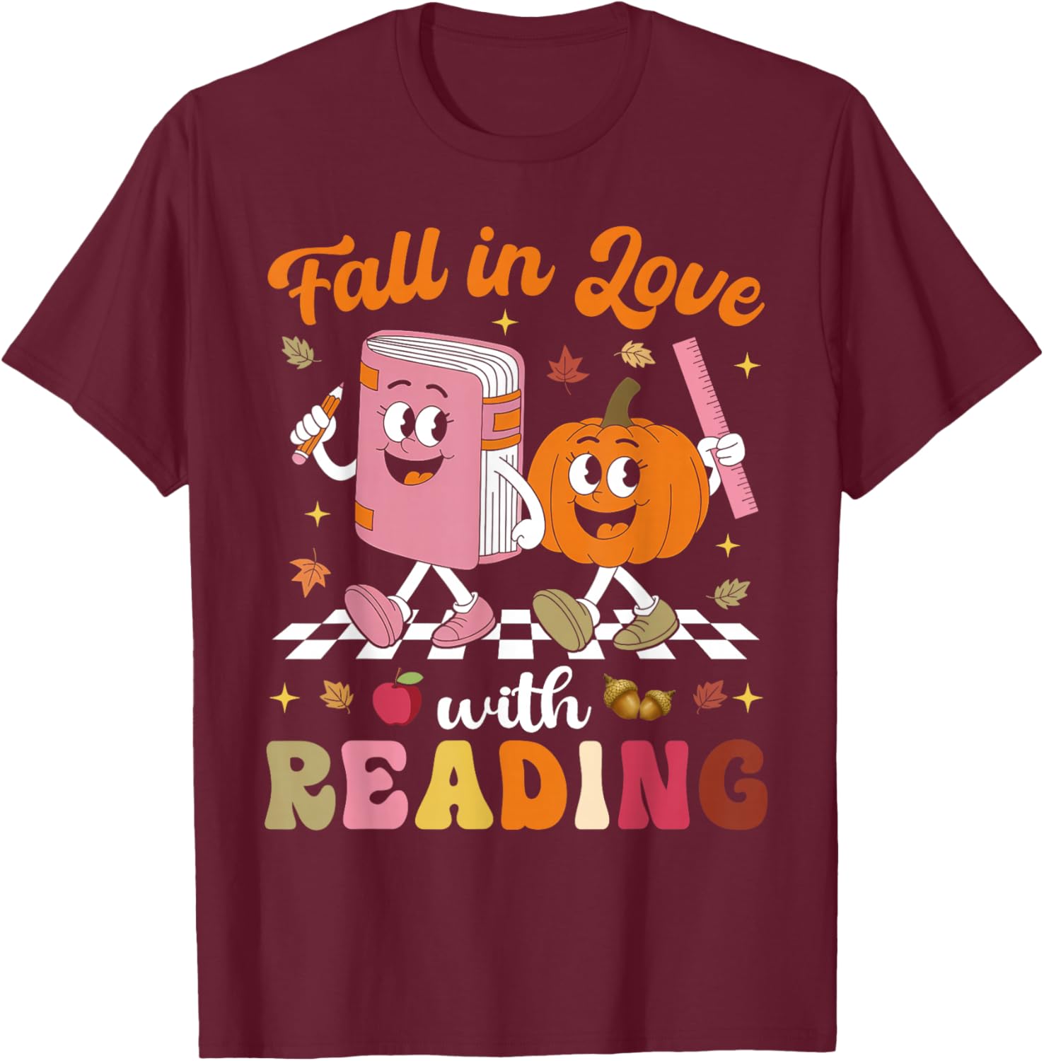 Retro Fall in Love with Learning Pumpkin Autumn Teacher T-Shirt - T-Shirt | Maroon