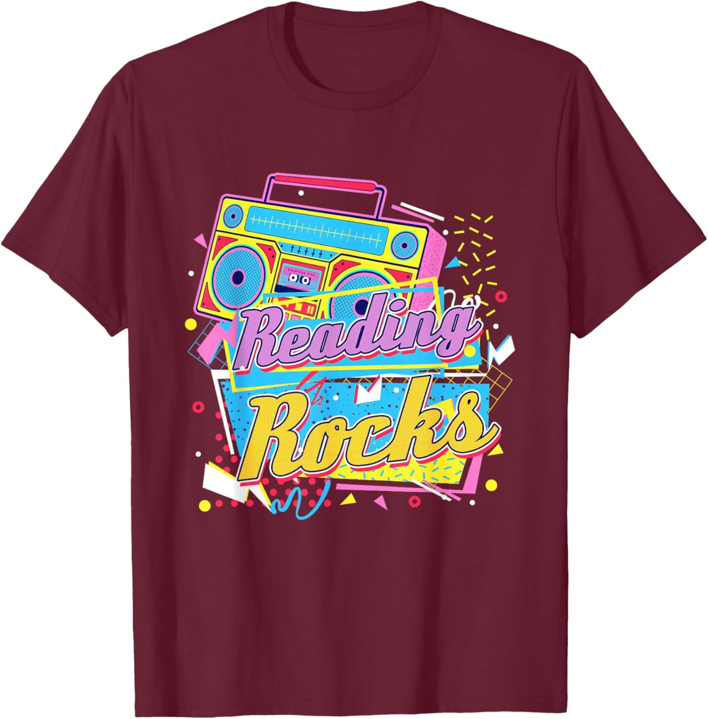 80's Reading Book Lover Reading Rocks - Black, Small, -Adults, Casual, Short Sleeve, , , Book Lover T-Shirt - T-Shirt | Maroon
