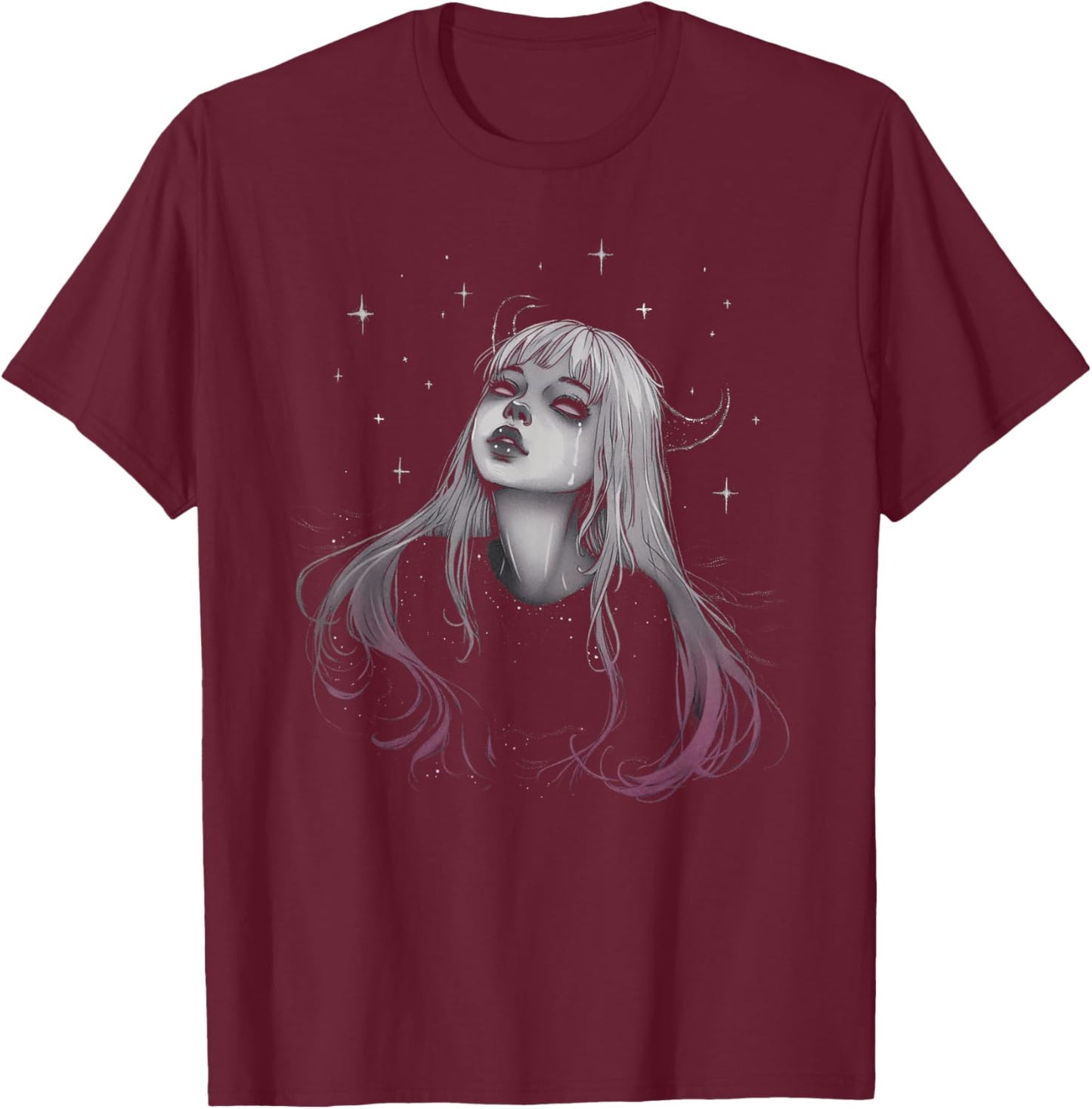 Sad Girl Demon Stars Pastel Goth Alt Pink Crying Aesthetic T-Shirt - T-Shirt | Maroon