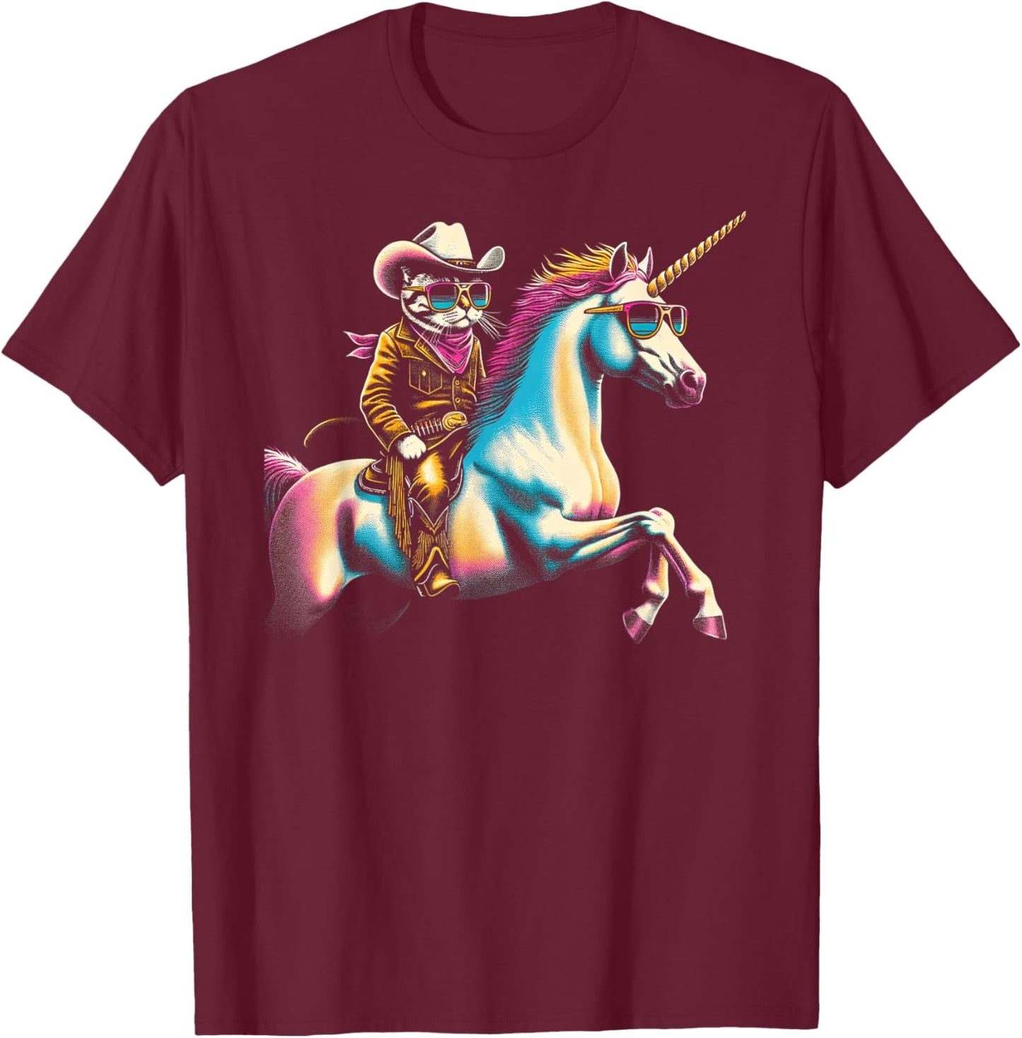 Cool Cowboy Cat & Unicorn Duo T-Shirt - T-Shirt | Maroon