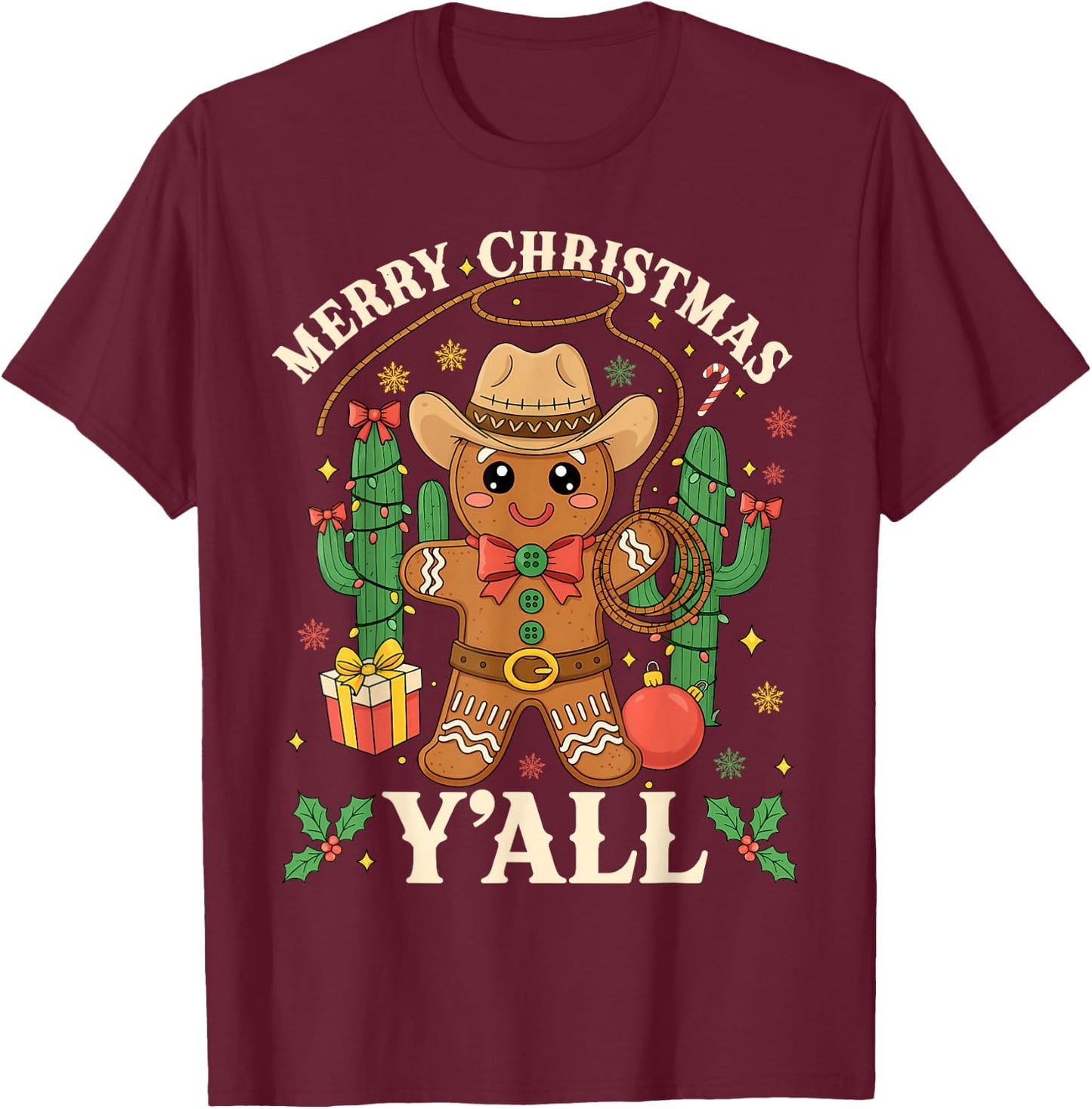 Merry Christmas Yall Gingerbread Cowboy Cowgirl Howdy Xmas T-Shirt - T-Shirt | Maroon