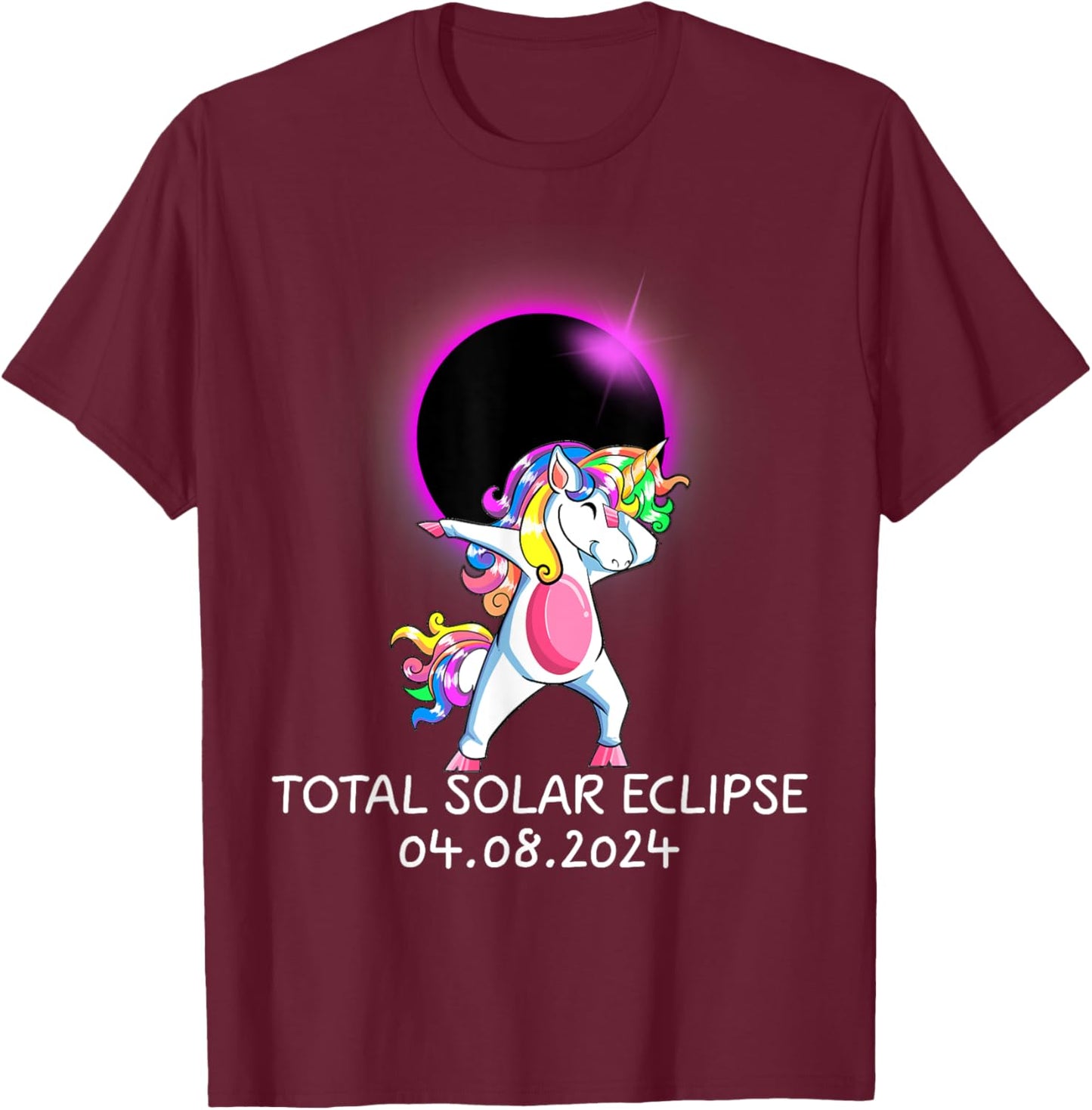 Dabbing Unicorn USA Total Solar Eclipse April 8, 2024 T-Shirt - T-Shirt | Maroon