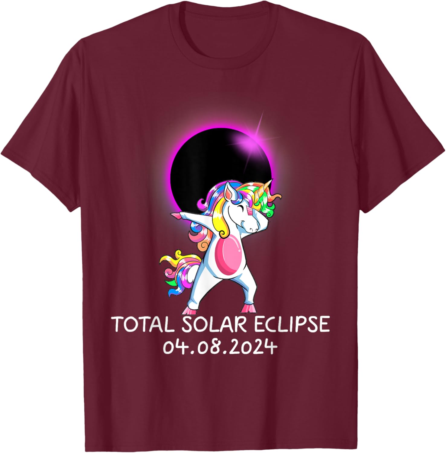 Dabbing Unicorn USA Total Solar Eclipse April 8, 2024 T-Shirt - T-Shirt | Maroon