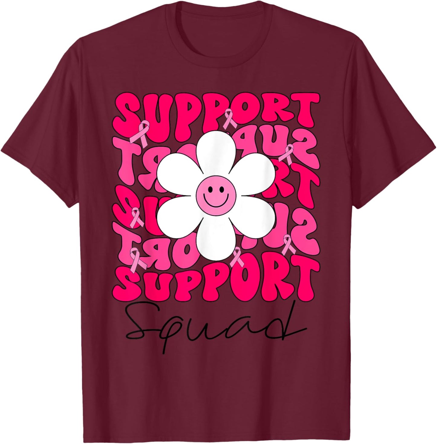 Support Squad Breast Cancer Awareness Pink Ribbon Groovy T-Shirt - T-Shirt | Maroon