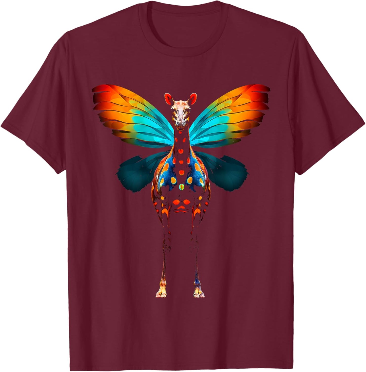 Giraffe Colorful Animal Butterfly Graphic Art Giraffe T-Shirt - T-Shirt | Maroon