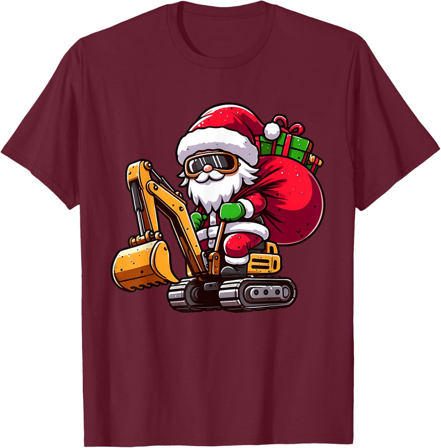 Christmas Santa Claus Driving Excavator Construction Pajama T-Shirt - T-Shirt | Maroon