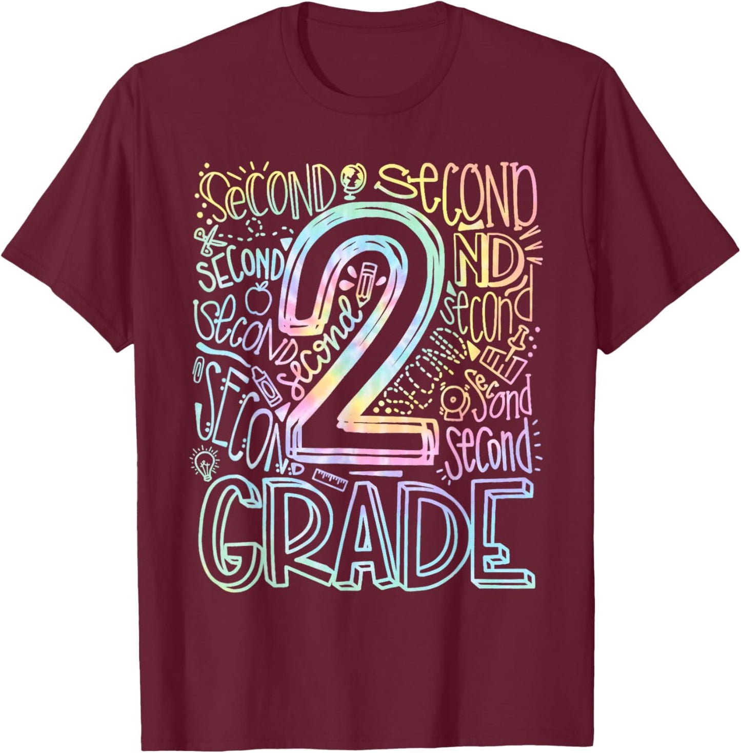 Tie Dye 2nd Grade Typography Team Second Grade Teacher Gift T-Shirt - T-Shirt | Maroon