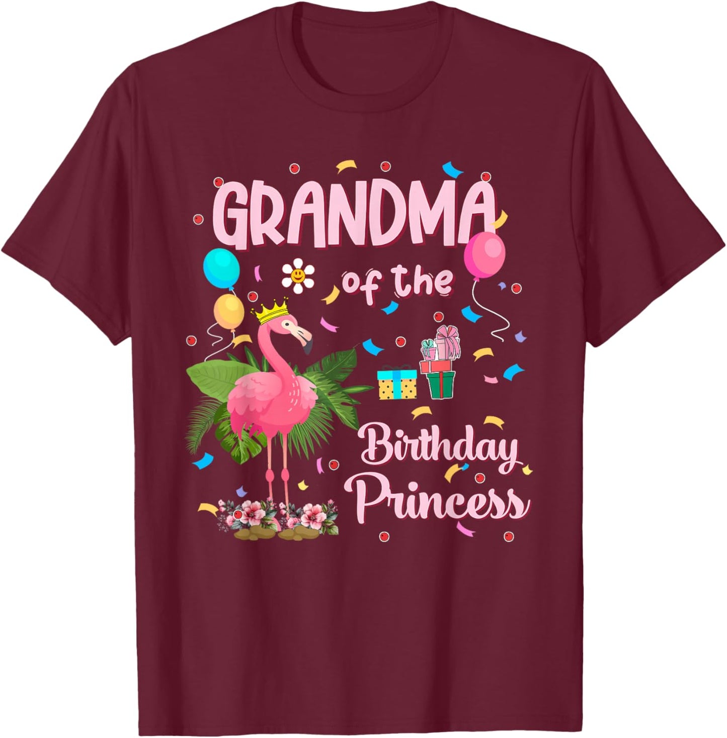 Grandma of the Birthday Princess Pink Flamingo Party Squad T-Shirt - T-Shirt | Maroon