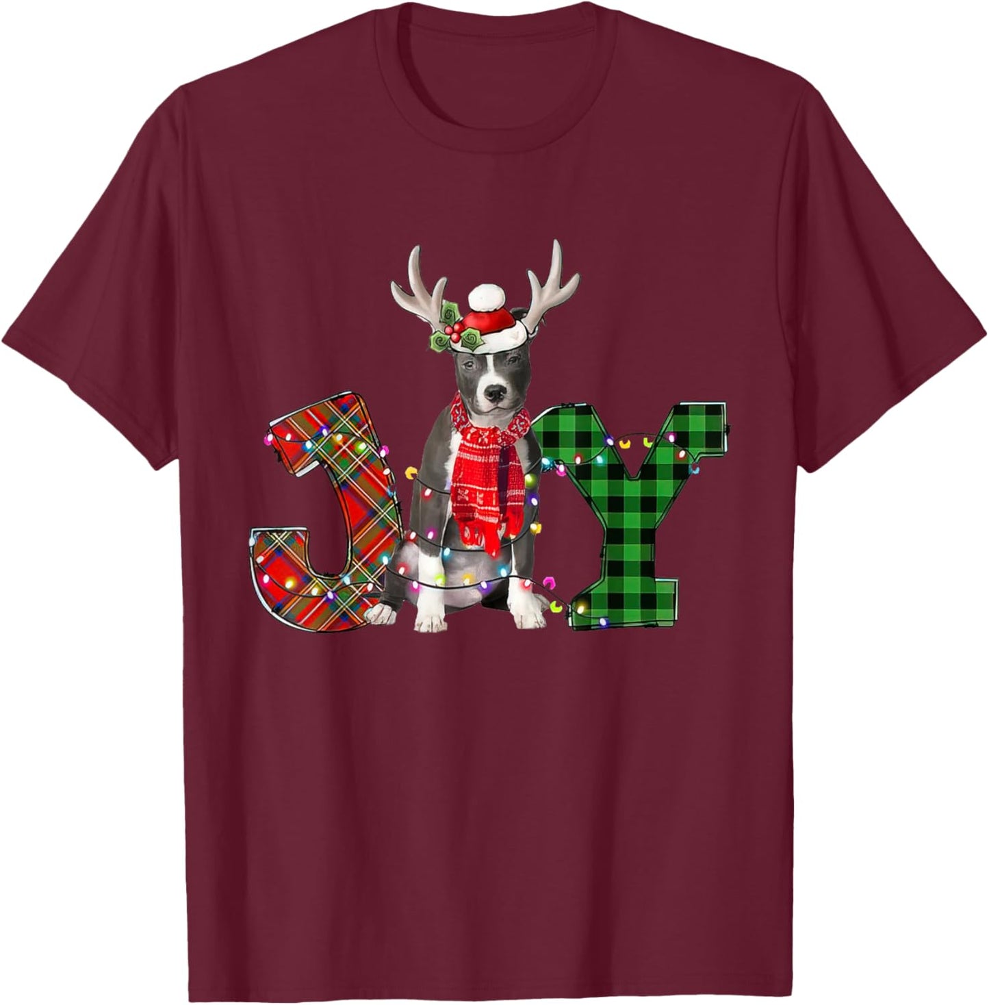 Joy Christmas Lights Blue Nose Pitbull Dog Santa Hat Pajama Men Women Kids T-Shirt - T-Shirt | Maroon