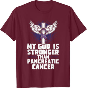 My God Is Stronger Than Pancreatic Cancer Purple Ribbon T-Shirt - T-Shirt | Maroon