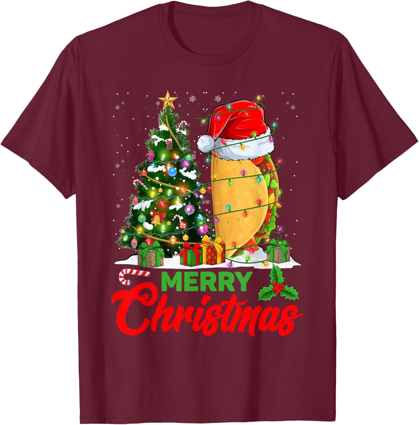 Funny Taco Christmas Tree Lights Mexican Food Lover Xmas T-Shirt - T-Shirt | Maroon