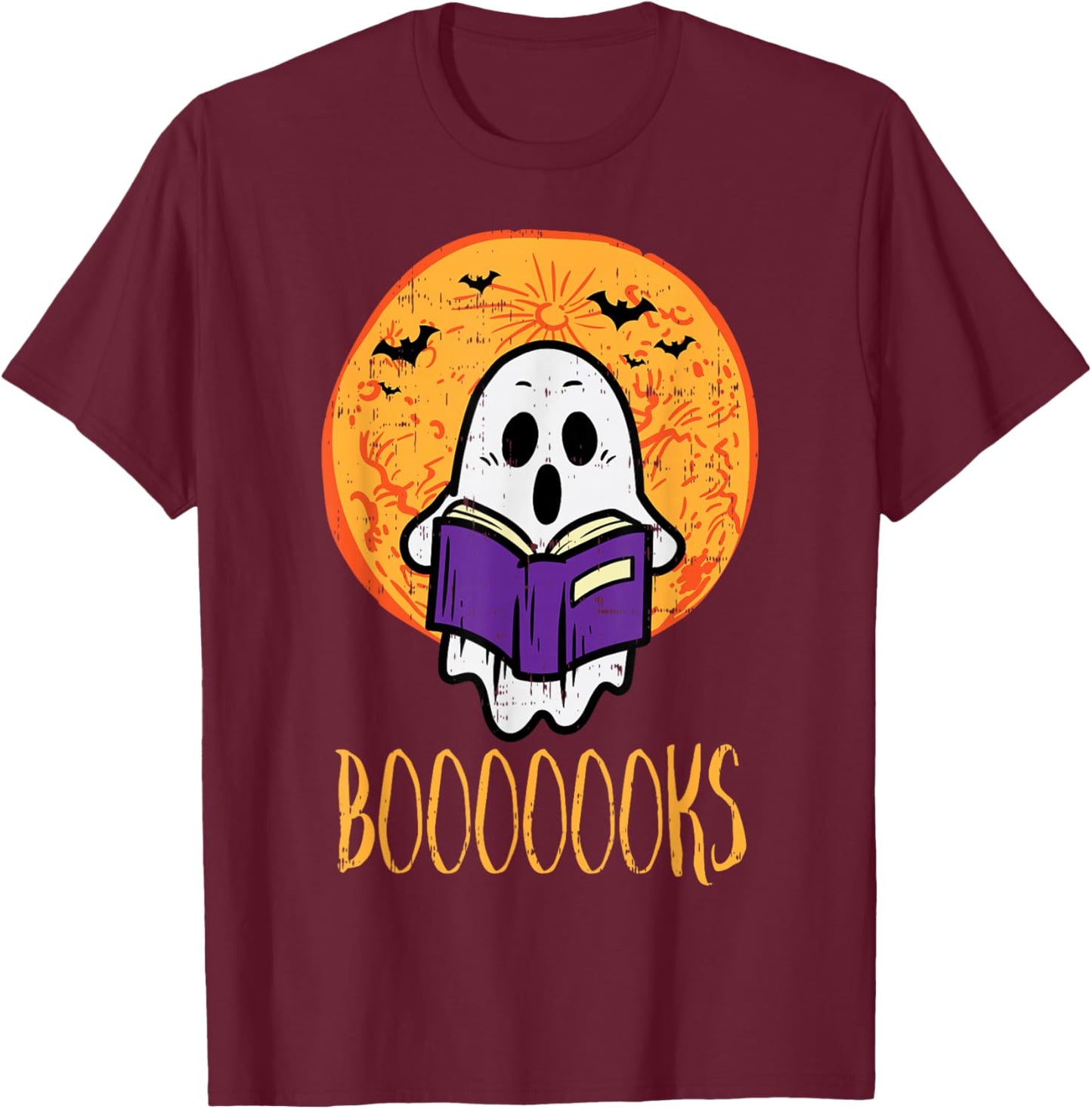 Boooks Moon Ghost Reading Halloween Bookworm Librarian Book T-Shirt - T-Shirt | Maroon