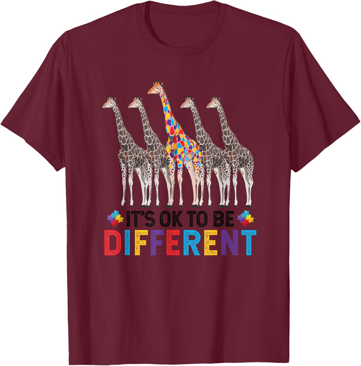 Autism Awareness Cute Giraffe Animal It's Ok To Be Different T-Shirt - T-Shirt | Maroon