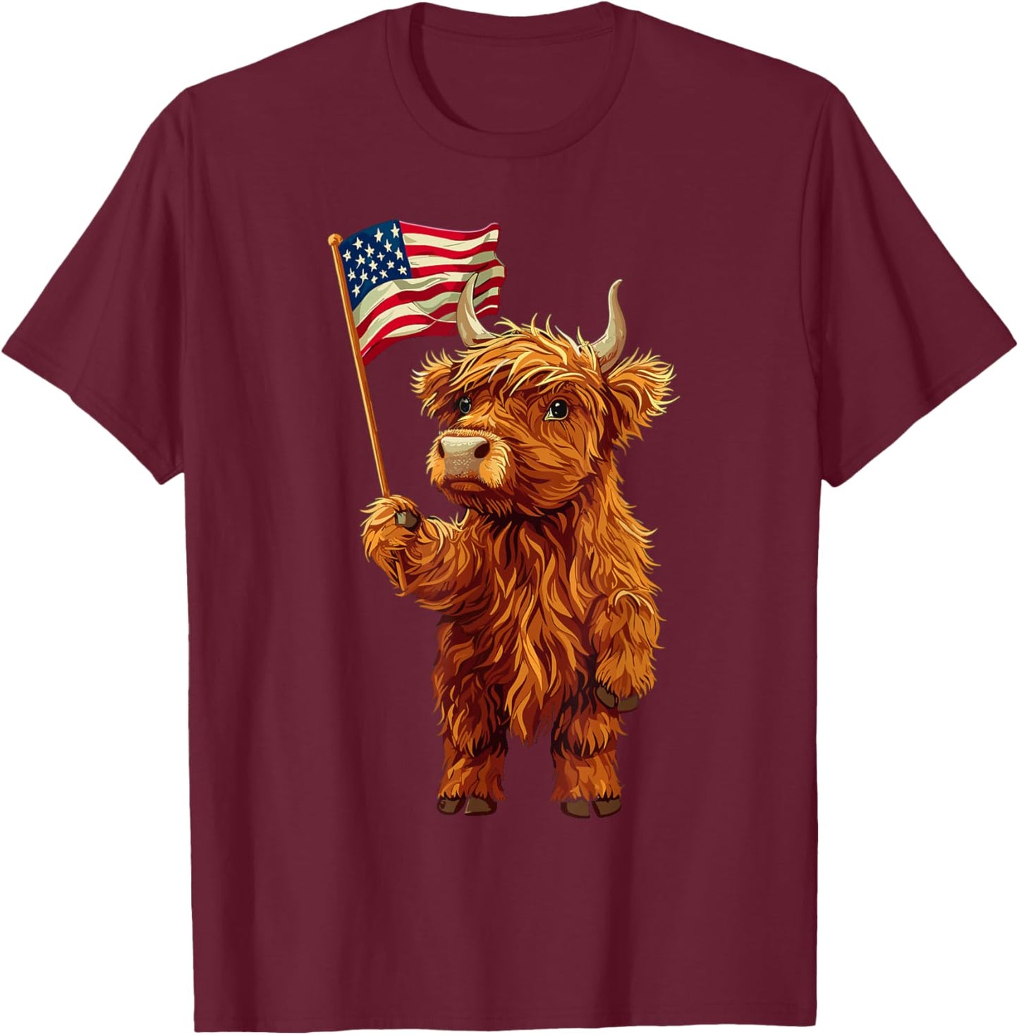 Highland Cow Patriotic Farmer 4th Of July USA American Flag Men T-Shirt - T-Shirt | Maroon