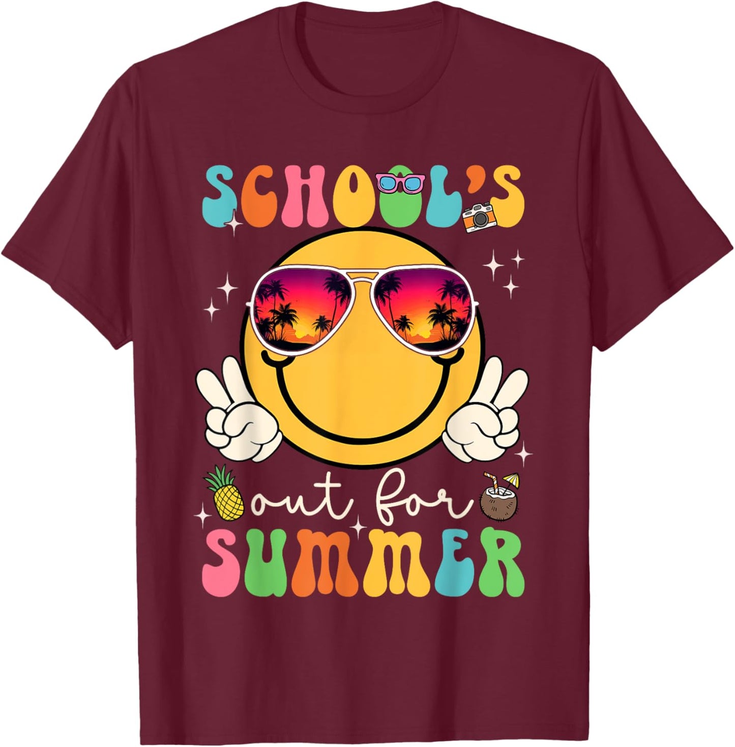 School's Out For Summer Teacher Last Day Of School Groovy T-Shirt - T-Shirt | Maroon