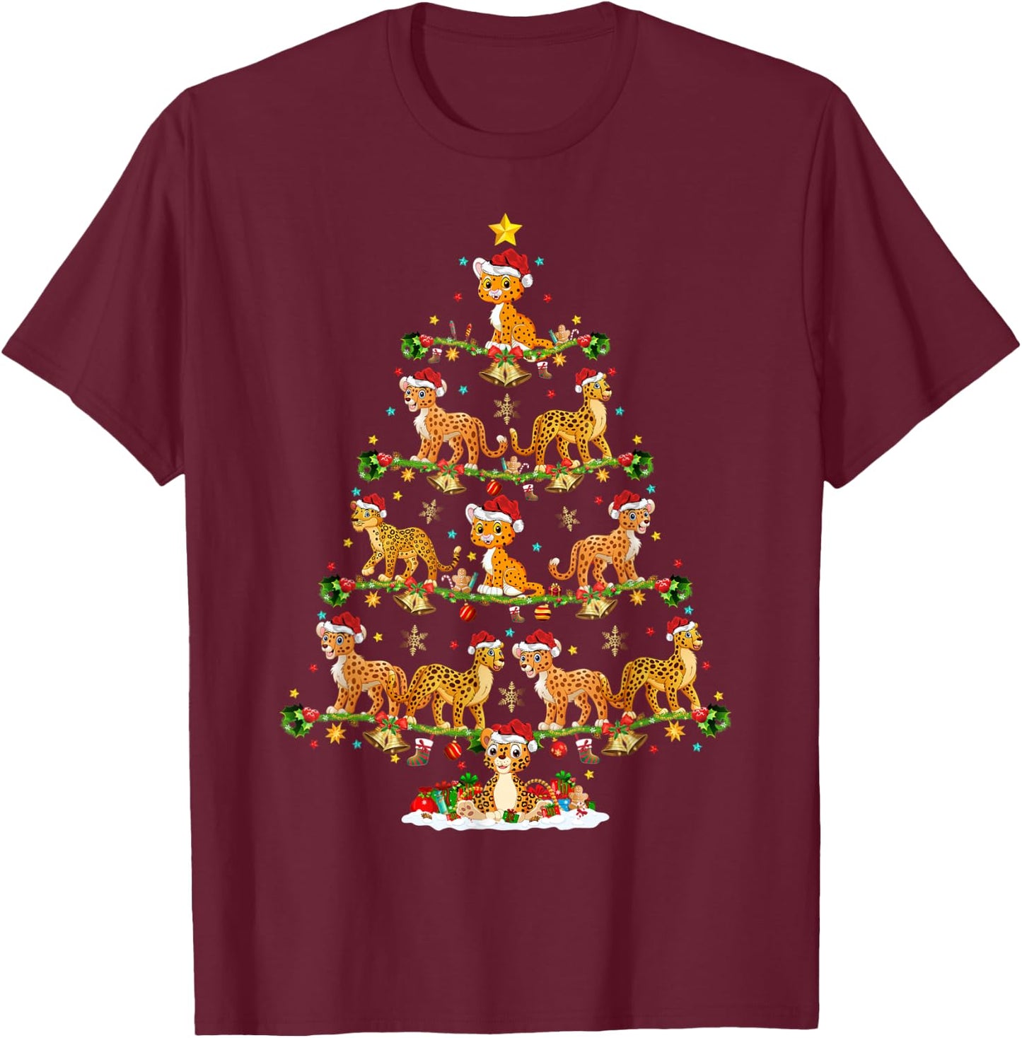 Cheetah Lover Lights Xmas Santa Cheetah Christmas Tree T-Shirt - T-Shirt | Maroon