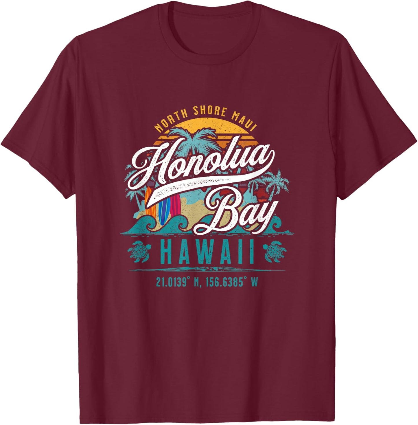 Honolua Bay North Shore Maui Hawaii Retro Sun Surf Snorkel T-Shirt - T-Shirt | Maroon
