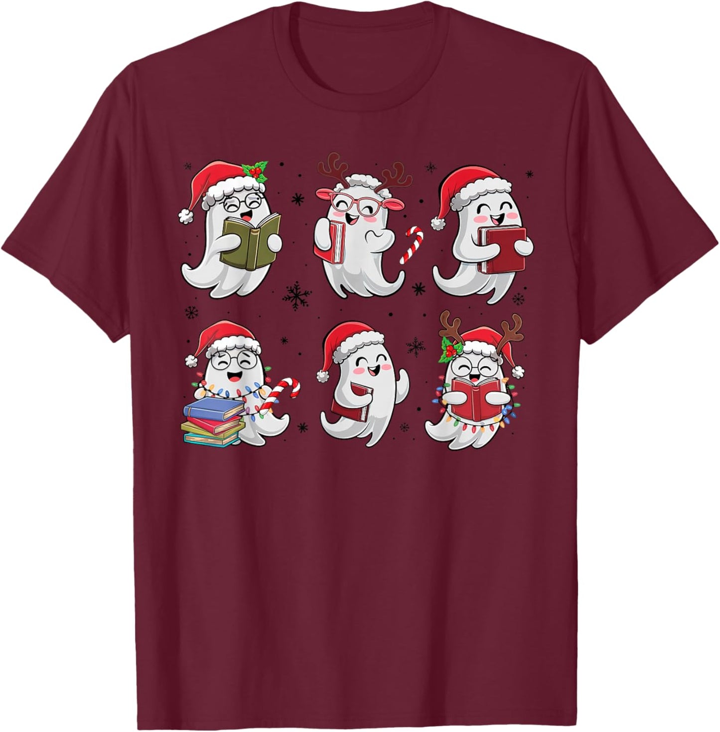 Funny Ghost Book Reading Christmas Books Lover Teacher Kids T-Shirt - T-Shirt | Maroon