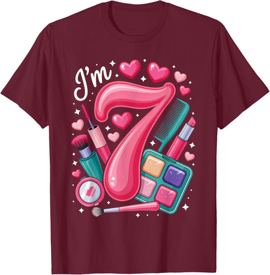 Spa Birthday Party I'm 7 Girls Makeup 7th Bday Kids Toddlers T-Shirt - T-Shirt | Maroon