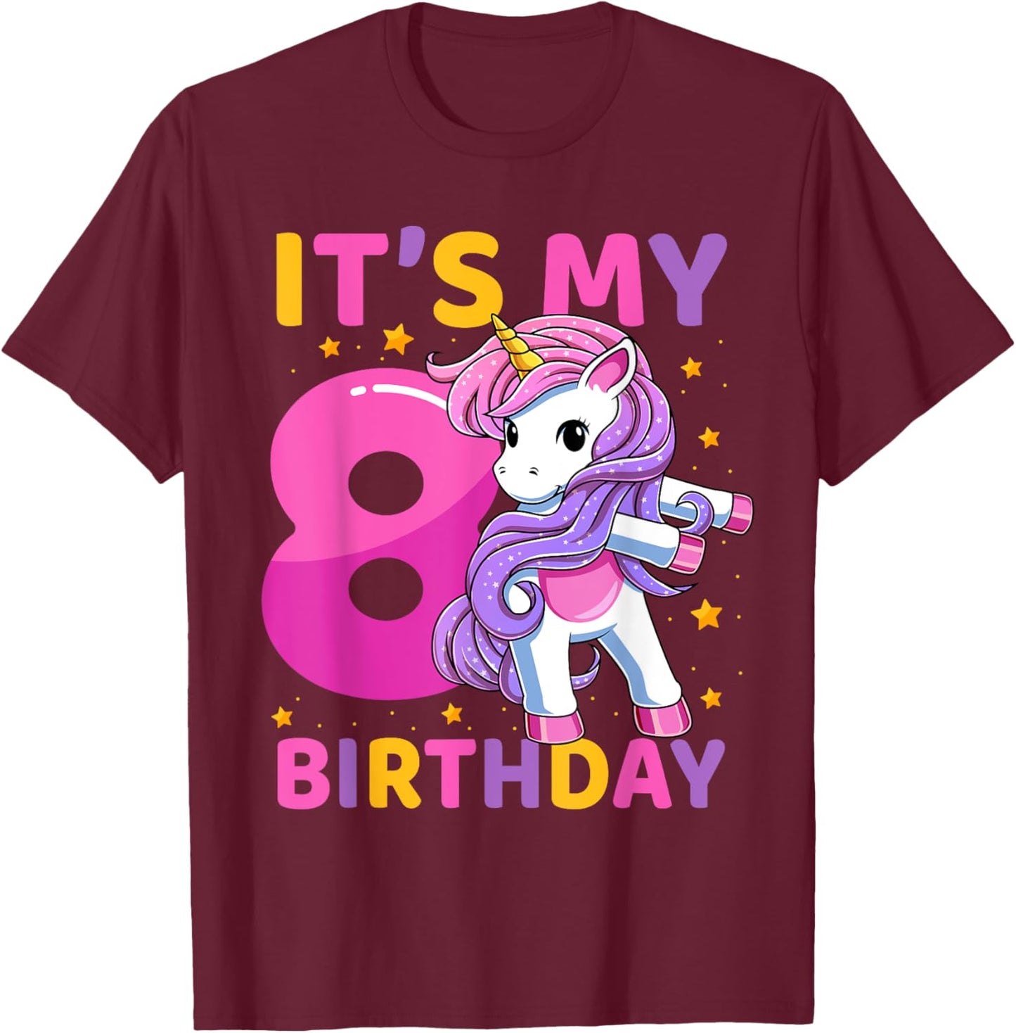8 Years Old Unicorn Flossing 8th Birthday Party Girls Kids T-Shirt - T-Shirt | Maroon
