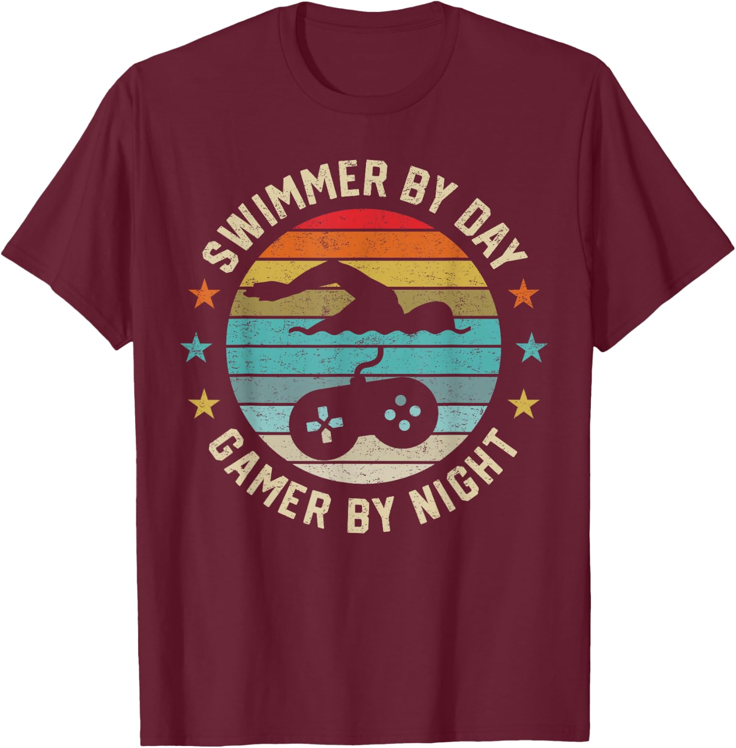 Swimmer by Day Gamer by Night Swimming Swim Lover Gaming T-Shirt - T-Shirt | Maroon