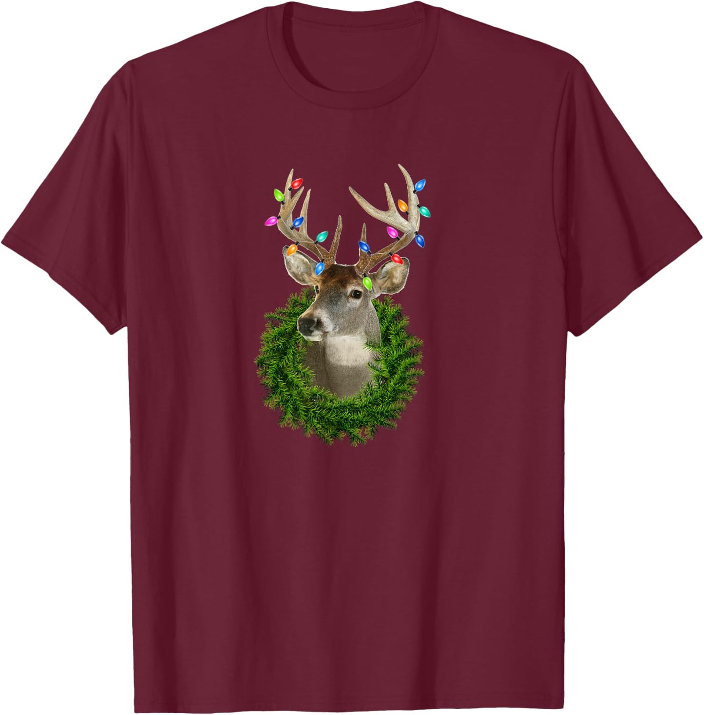 Deer Hunting Whitetail Christmas Lights Trophy Buck Wreath T-Shirt - T-Shirt | Maroon