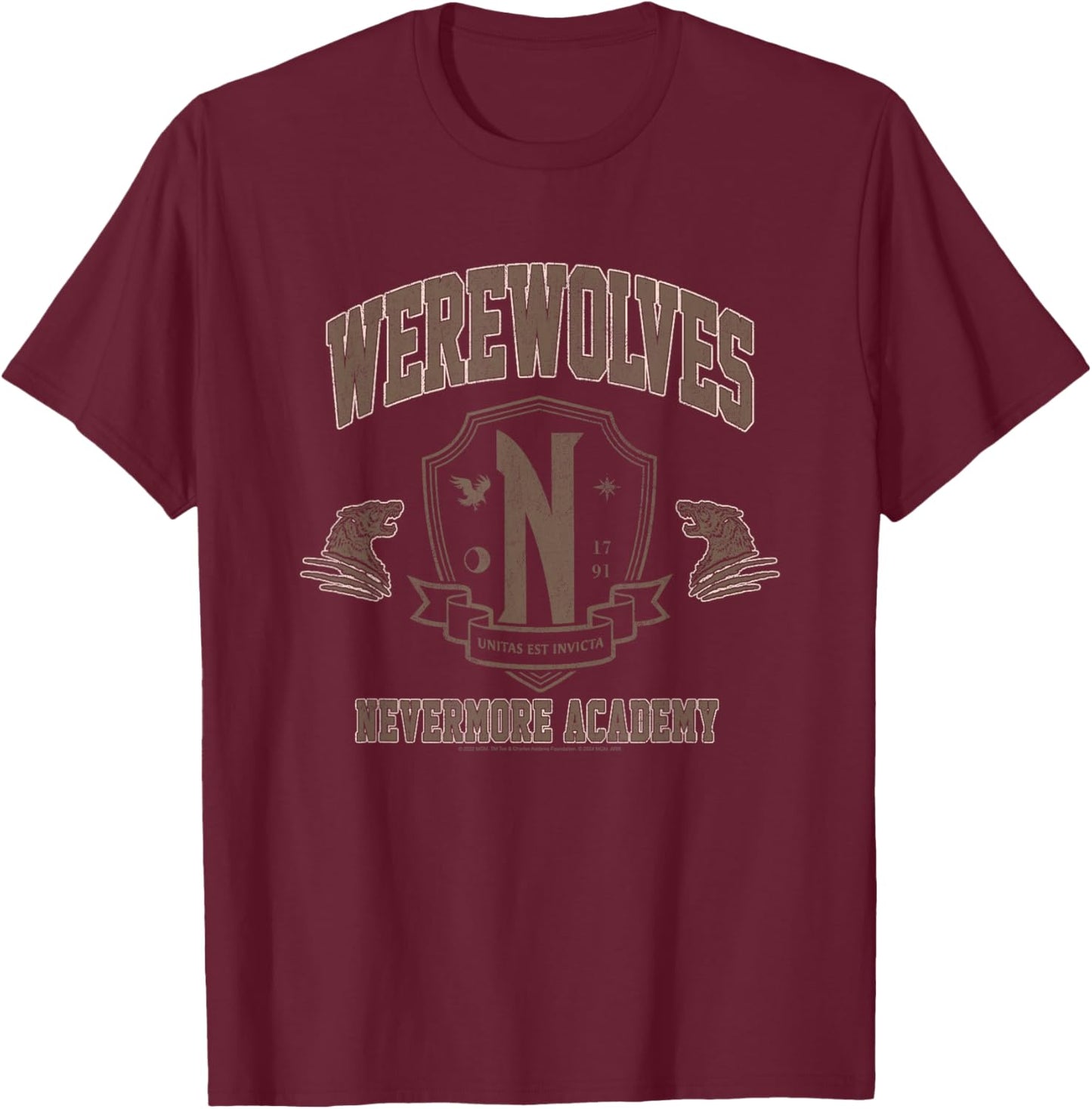 Wednesday Werewolves Nevermore Academy Distressed Chest Logo T-Shirt - T-Shirt | Maroon