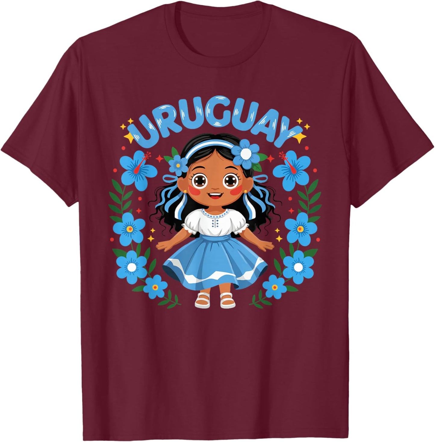 Uruguay Uruguayan Girl Traditional Dress Flowers T-Shirt - T-Shirt | Maroon