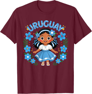 Uruguay Uruguayan Girl Traditional Dress Flowers T-Shirt - T-Shirt | Maroon