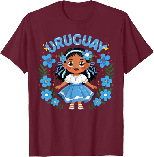 Uruguay Uruguayan Girl Traditional Dress Flowers T-Shirt - T-Shirt | Maroon