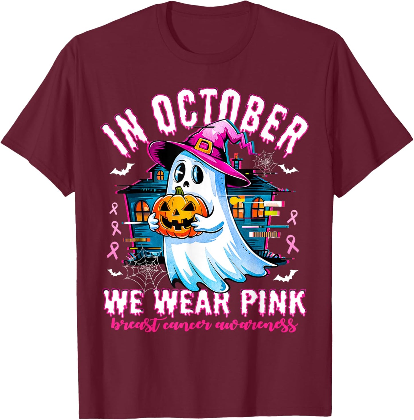 In October we Wear Pink With Ghost Breast Cancer Awareness T-Shirt - T-Shirt | Maroon
