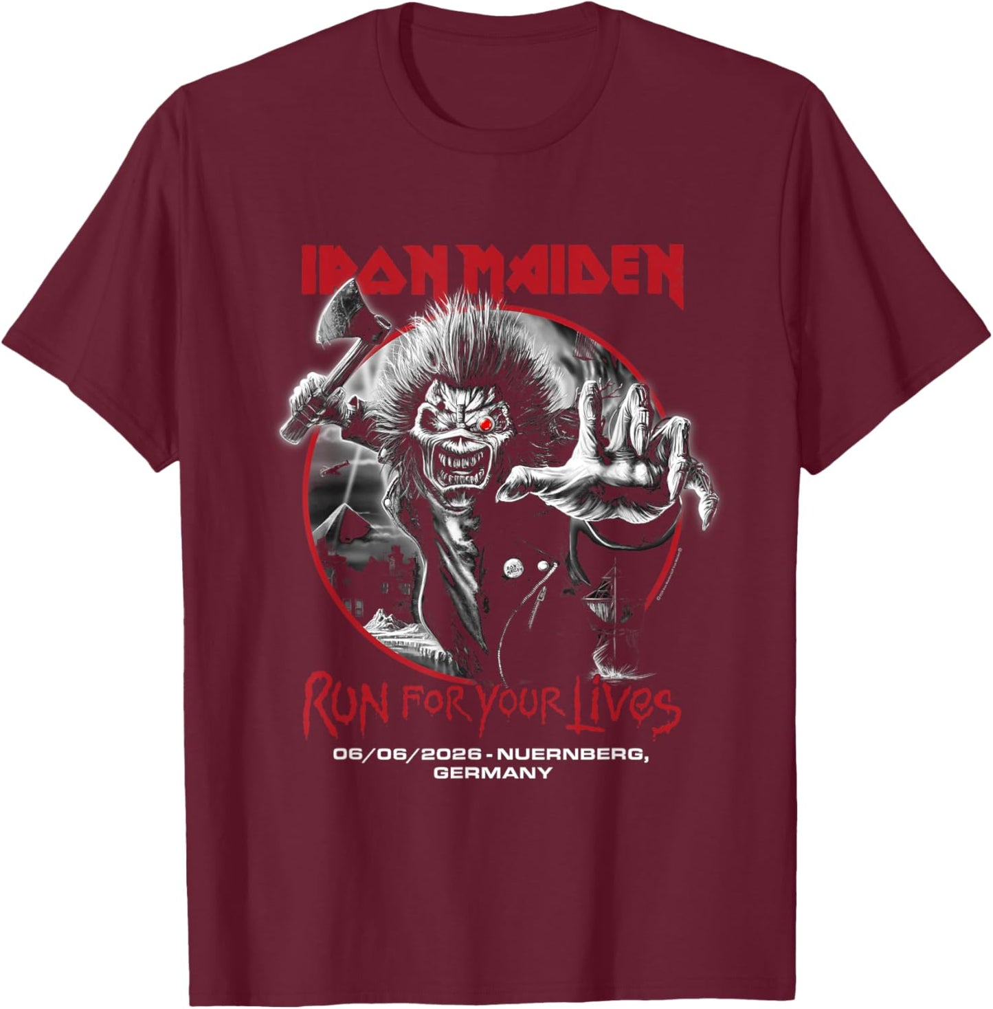 Iron Maiden Run for Your Lives Tour 2026 Nuernberg T-Shirt - T-Shirt | Maroon