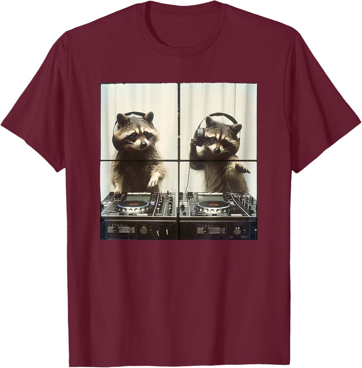 DJ Raccoon Vinyl Turntables 90s EDM Music Raccoon DJ T-Shirt - T-Shirt | Maroon