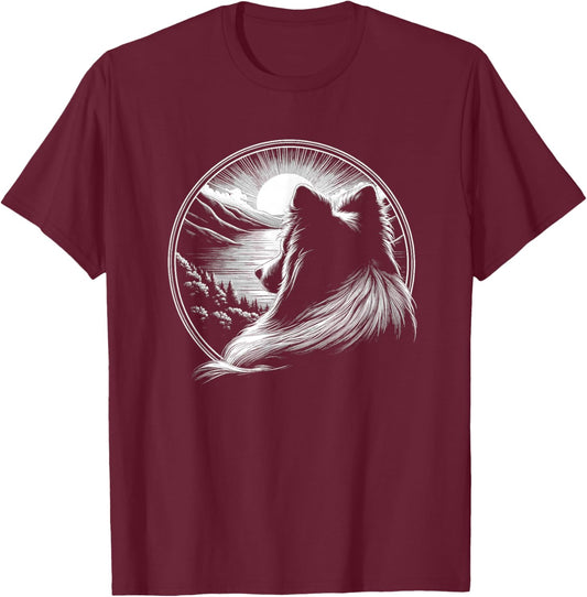 Shetland Sheepdog Dog Scene Sheltie Graphic Art Design T-Shirt - T-Shirt | Maroon