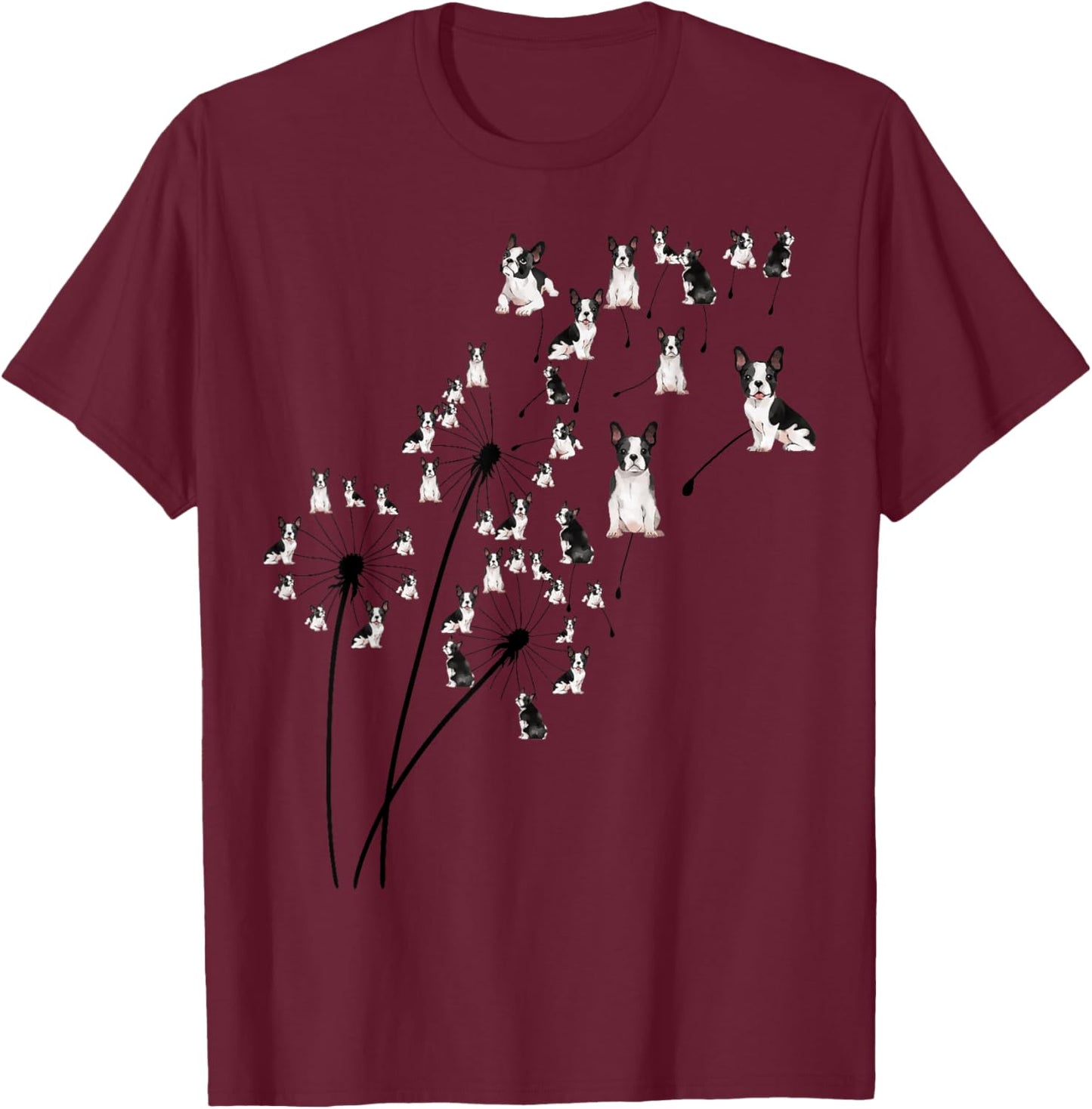 Dandelion Boston Terrier Flower, Floral Bostie Tree T-Shirt - T-Shirt | Maroon