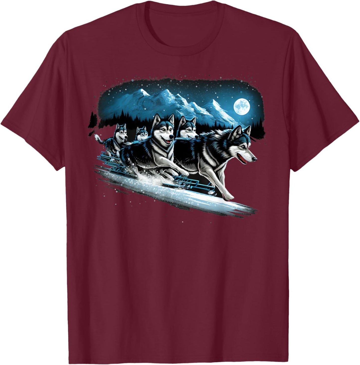 Siberian Husky Sled dogs pulling a winter sledge T-Shirt - T-Shirt | Maroon