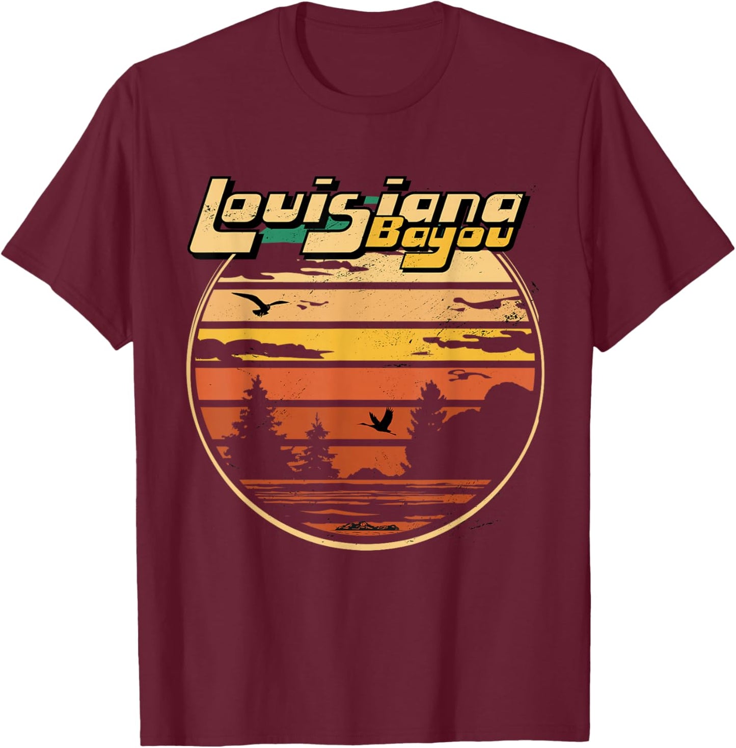 Louisiana Bayou Retro Vintage Distressed Swamp Landscape T-Shirt - T-Shirt | Maroon