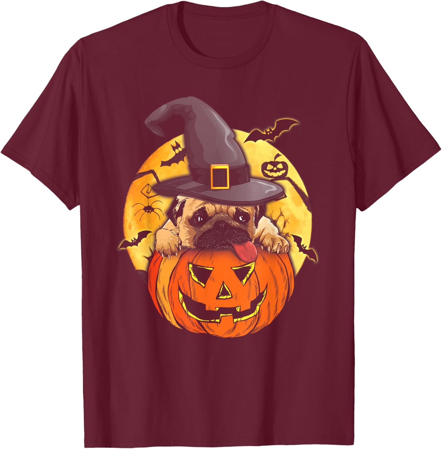 Halloween Pug Dog Witch Hat Pumpkin Pugkin Pug Dog Lovers T-Shirt - T-Shirt | Maroon