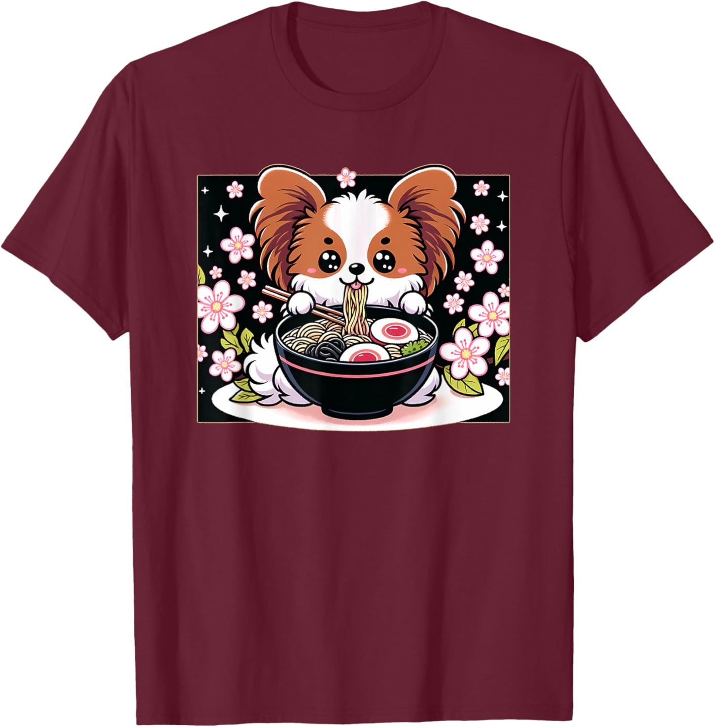 Kawaii Papillon dog Eating Ramen T-Shirt - T-Shirt | Maroon