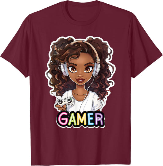 Black Girl Gamer Anime Melanin Sista Girl Afro Magic T-Shirt - T-Shirt | Maroon